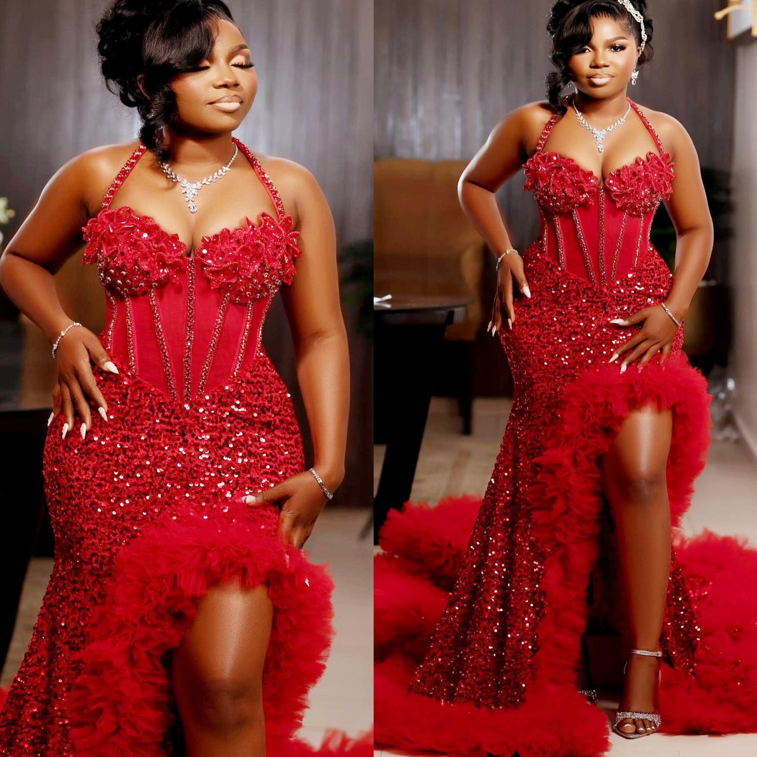 Red Mermaid Prom Dresses 2025 Flowers Beaded Sequined Tiers Evening Formal Party Second Birthday Engagement Gowns Plus Size Dress For Special Occasion