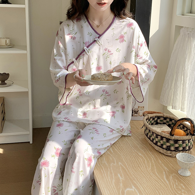 B980-Pajamas women's spring, summer and autumn new cotton silk buttoned three-quarter sleeve trousers Chinese style home clothes suit