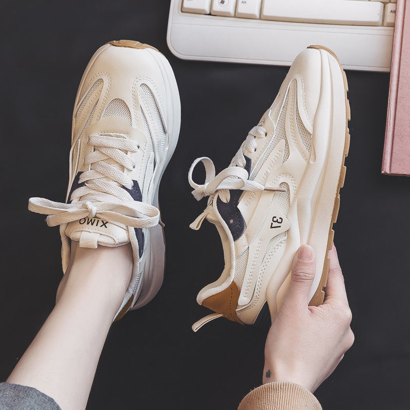 Women Leather Platform Sneakers Autumn Fashion Mesh breathable Anti Slip Thick Bottom Sport Shoes Flats Casual Vulcanized Shoes Flat Bottomed Casual B