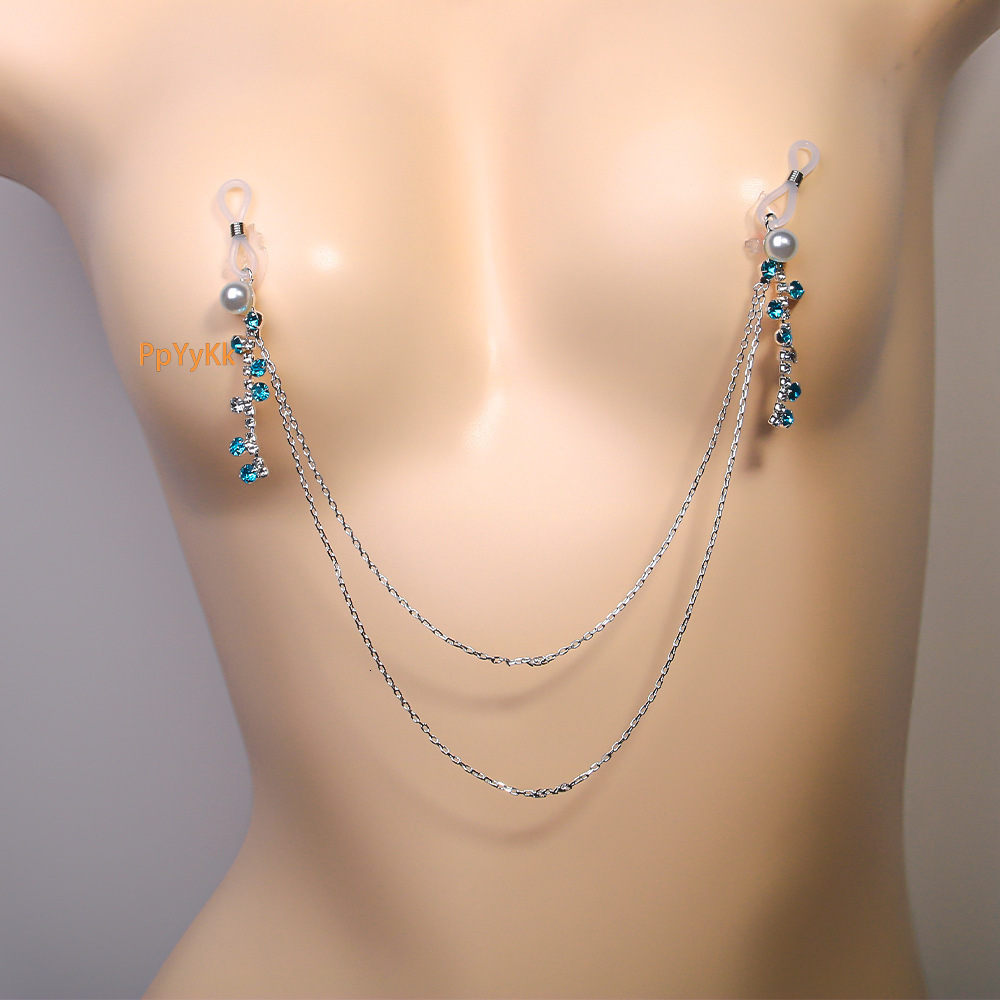 New Arrival Pearl Nipple Chain Minimalist Blue VVS Moissanite Iced out Tassel Sexy Body Chain for Women Club Body Chain