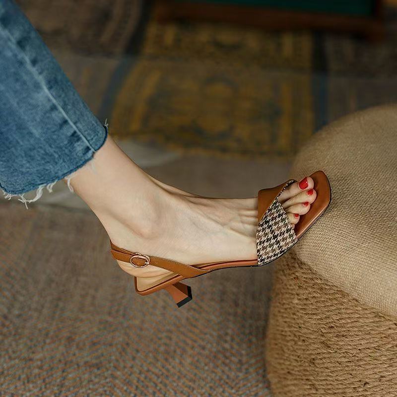 cow Women's leather fabric narrow band buckle thin high heel slip-on open toe sandals elegant ladies daily dress heeled shoes cb67 ed