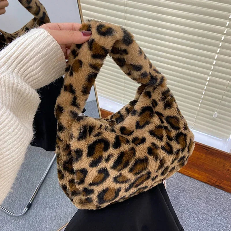 2K Korean Plush Retro Leopard Print Bags for Women Underarm Bags Leopard Zebra Pattern Fluffy Tote Bags Small Purses Handbags 250717