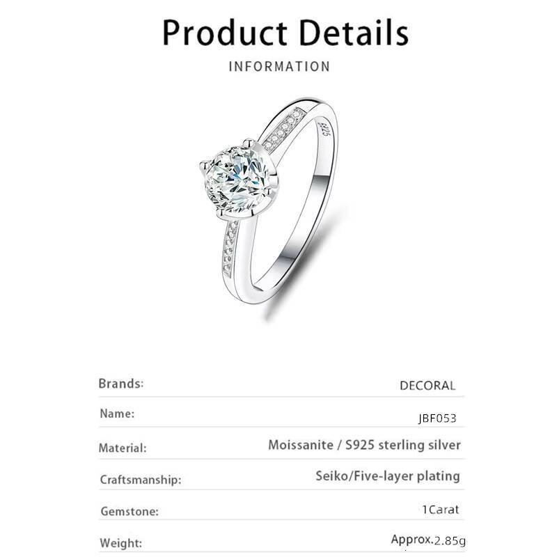 Factory Direct Sale 1Carat Real D Color Moissanite Ring for Women 925 Sterling Silver Fine Jewelry for Women
