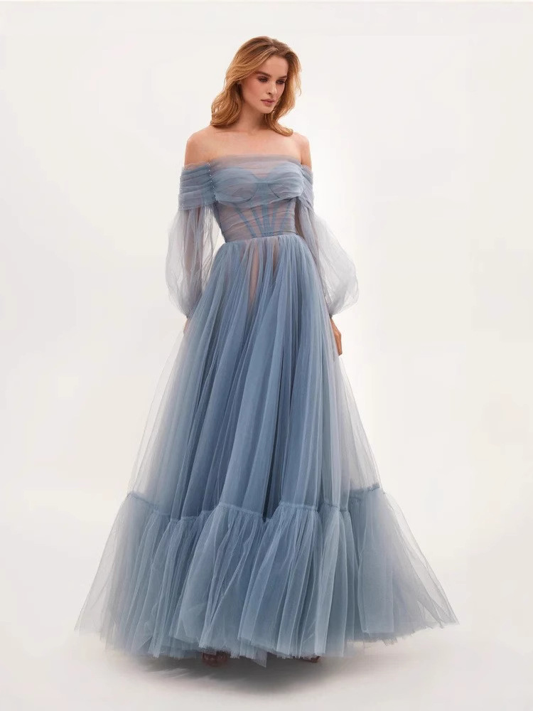 L7201Foreign trade long women's clothing wish one shoulder mesh long sleeve wedding dress tulle long skirt