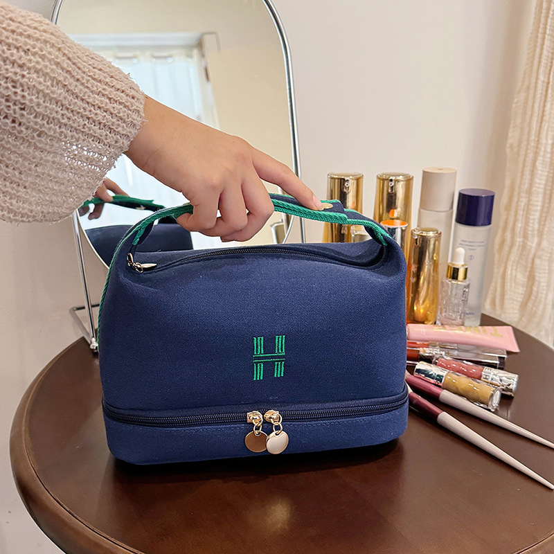 cosmetic bag designer high quality Canvas Makeup Toiletry Bag - Double Layer Large Capacity Cosmetic Organizer, Portable Travel Wash Bag with Handles