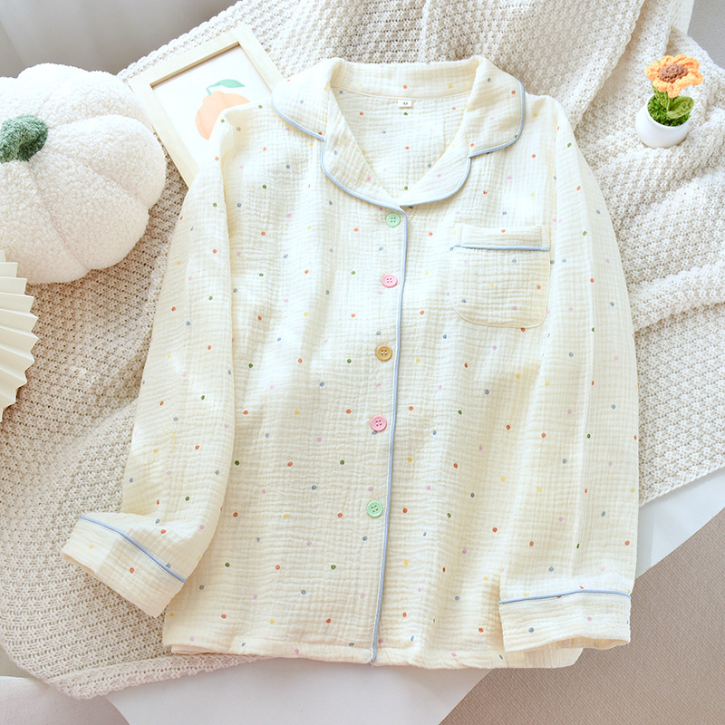 B982-Pure cotton home wear tops for women, single piece, spring and autumn thin gauze long-sleeved cardigan, printed lapel pajamas, loose and casual