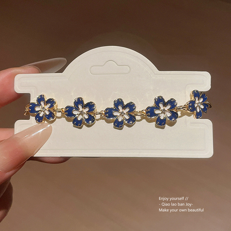 Gold - Tone Blue Flower - Shaped Bracelet With Enamel And Crystal Accents Elegant Party Jewelry And Gift For Her High Quality And Charming Jewelry