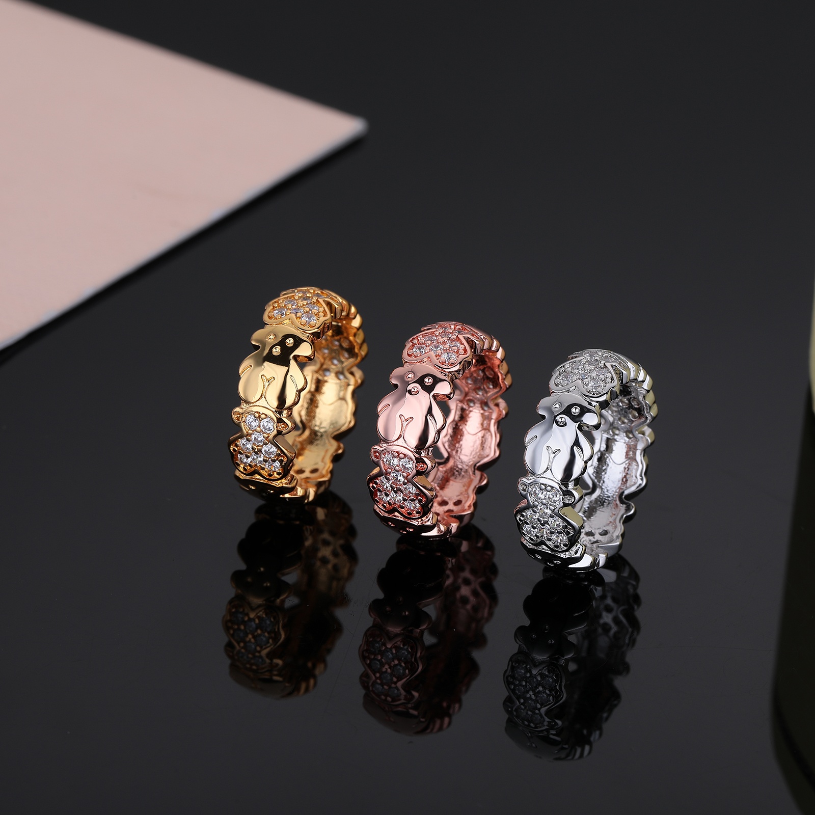 New Fashion Women Men Animal Bear Silver Rose Gold Stainless Steel Black Glass White Zircon Bear Cartoon Chain Rings Jewelry