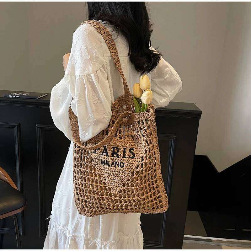 2025 Fashion Straw Letters Women's Shoulder New Hollow Weaving Large Capacity Handbag Beach Versatile Underarm Bag Women