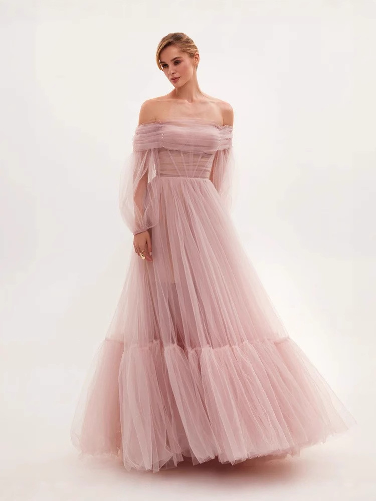 L7201Foreign trade long women's clothing wish one shoulder mesh long sleeve wedding dress tulle long skirt