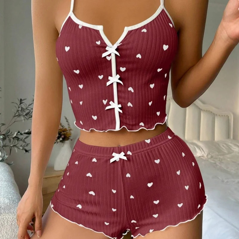 Sexy Sleepwear Women Pajamas Set Heart Print Silk Stain VNeck Sleeveless Casual Cami Top and Shorts Sets Home Suit Loungewear 250717
