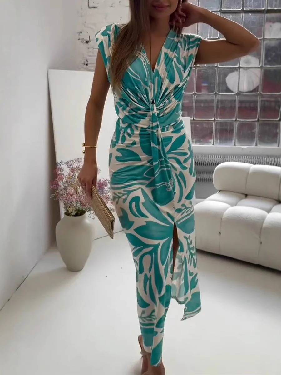 L720Women's clothing 2025 summer new ladies casual v-neck sleeveless printed dress