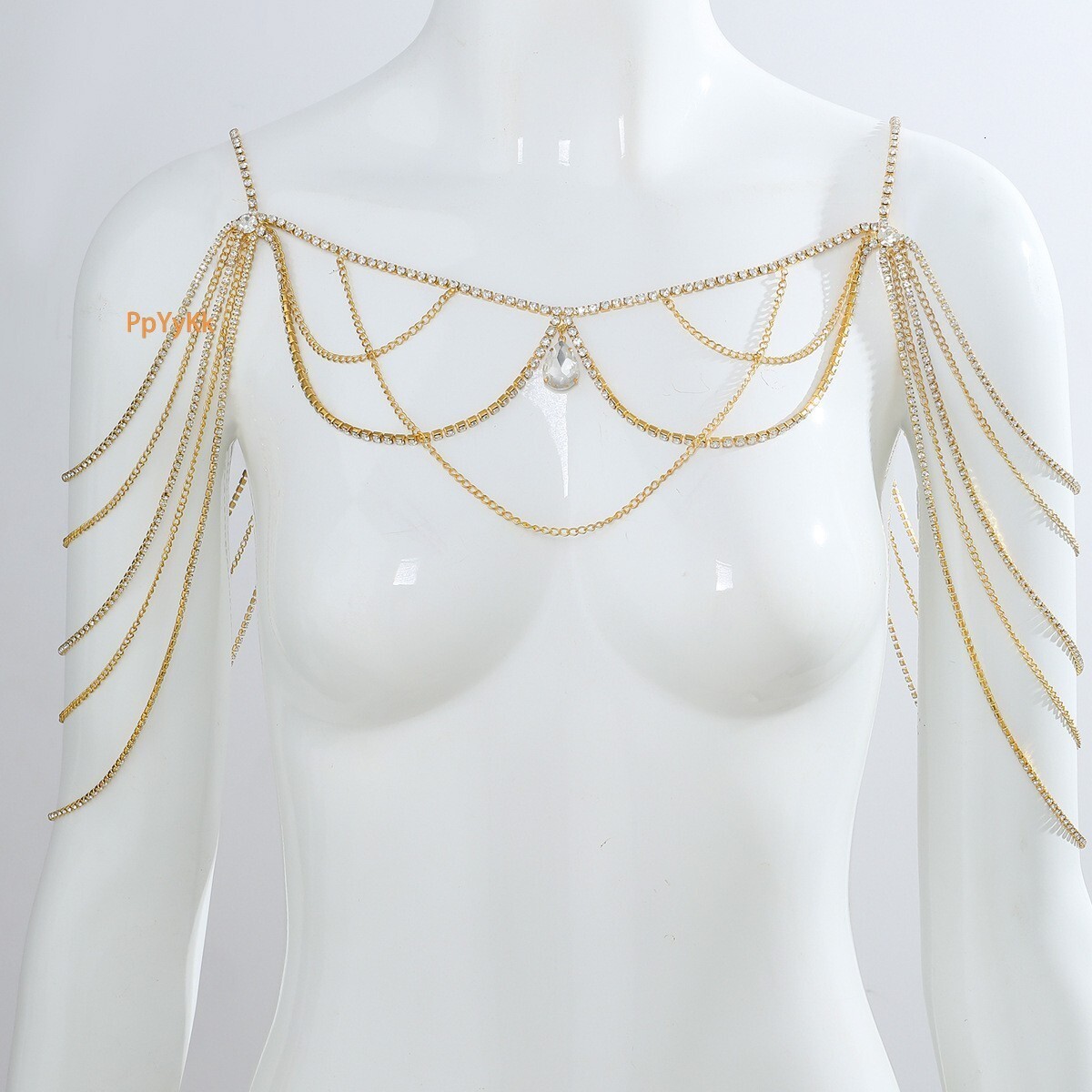 New Arrival Multi Layer Tassel Shoulder Chain Elegant Bride Wedding Iced out Water Drop Body Chain Bling Bling