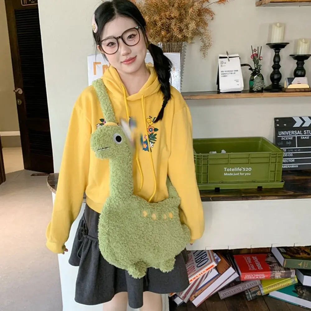 Fashion Zipper Long Neck Dinosaur Bag Plush Large Capacity Cartoon Crossbody Bag Solid Color Shoulder Bags Streetwear 250717