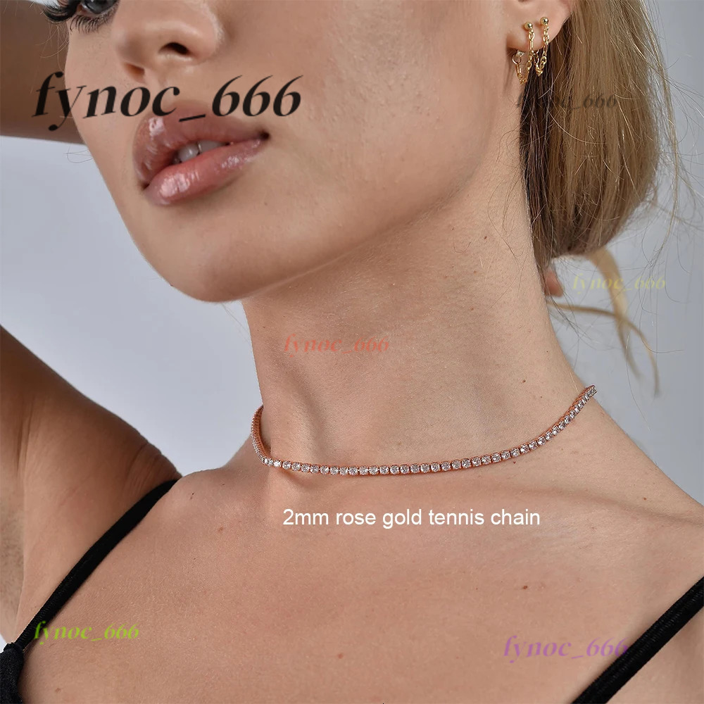 2mm Moissanite Tennis Necklace For Women S925 Silver Plated 18K Gold Sparking Rhinestone Choker Chain Wedding Jewelry Adjustable