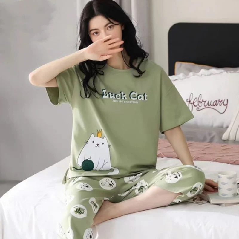 Summer Ladies Pajamas Homewear Set of ShortSleeved Simple Korean Cartoon Loose Large Size 250717