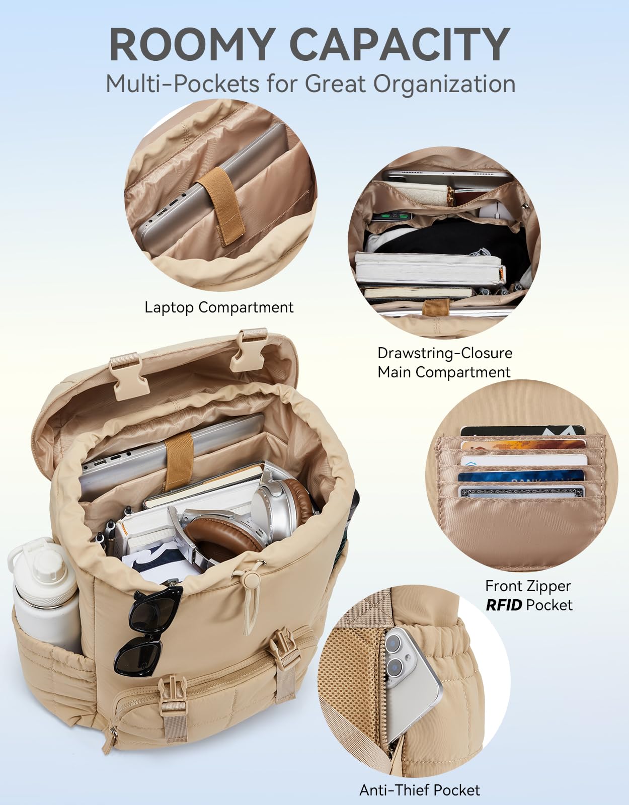 Women's Puffer Backpack, Versatile College Laptop Backpack with RFID Pocket, Water Resistant Casual Travel Daypack