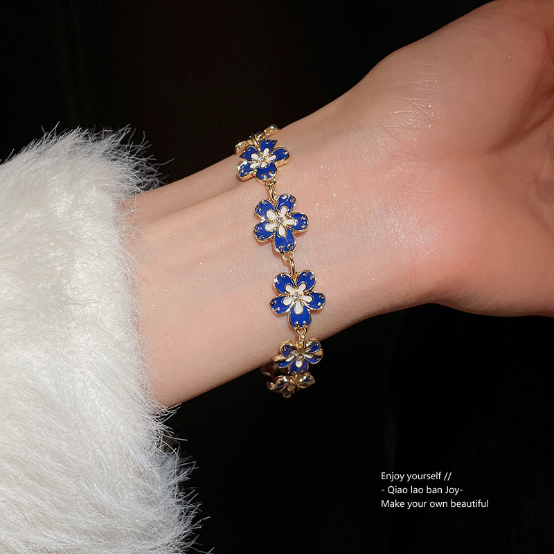 Gold - Tone Blue Flower - Shaped Bracelet With Enamel And Crystal Accents Elegant Party Jewelry And Gift For Her High Quality And Charming Jewelry