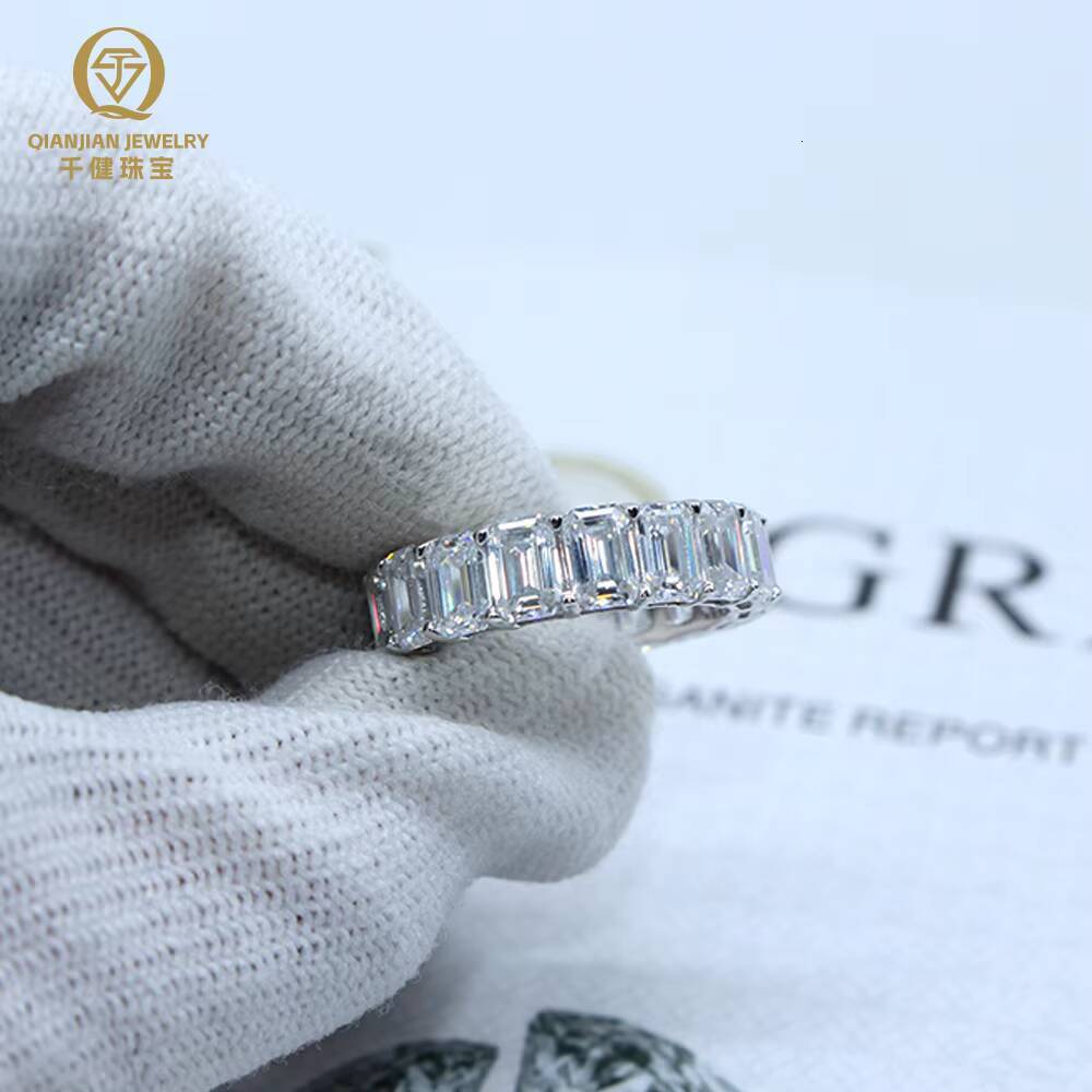 High Quality RTS Prong Setting 925 Silver Moissanite Ring White DEF VVS Emerald Shape Moissanite Rings Hip Hop Style