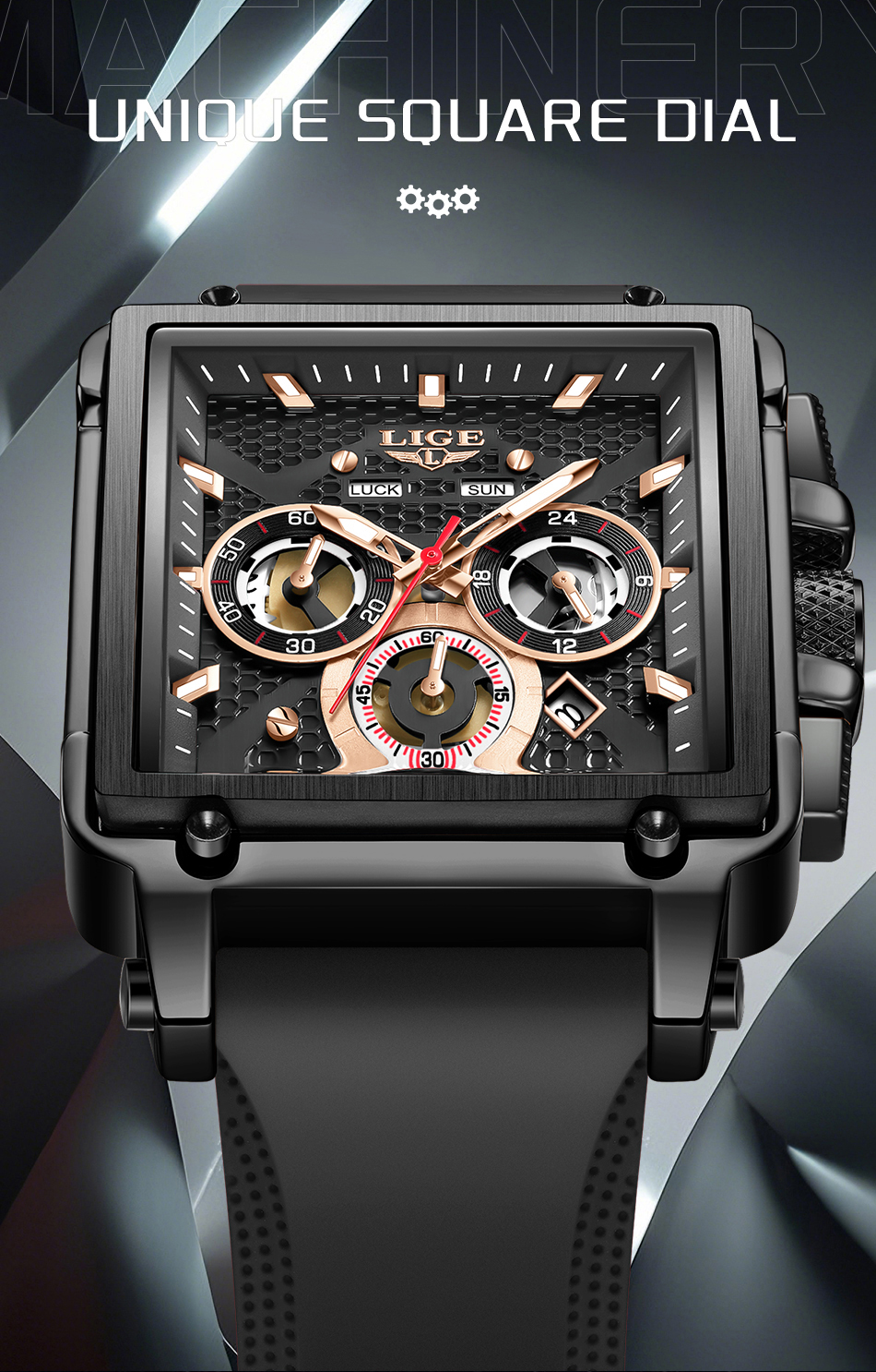 LIGE quartz watch men's waterproof watch Luminous pointer multi-function chronograph silicone strap sports fashion business watch Holiday Gifts T