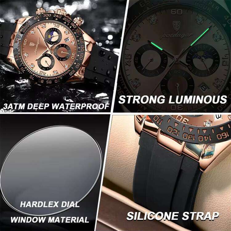 DHwatches Men's Sports Watch - Multifunction Chronograph, Moon Phase, 50M Waterproof, Silicone Strap, Luminous Quartz Wristwatch