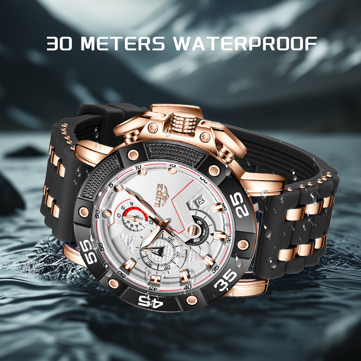 LIGE Men's Watch Fashion Sports Watch (Chronograph/Waterproof/Lightning/Calendar) Silicone Strap Quartz Watch Men's Watch Birthday Gifts