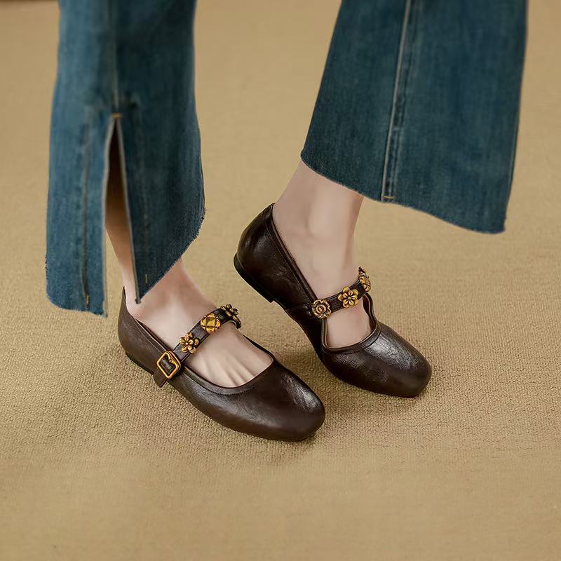 Autumn Women Round Toe Mary Jane Fashion Rivet Ladies Elegant Dress Shoes Soft Flat Heel Ballerinas Sh 241014