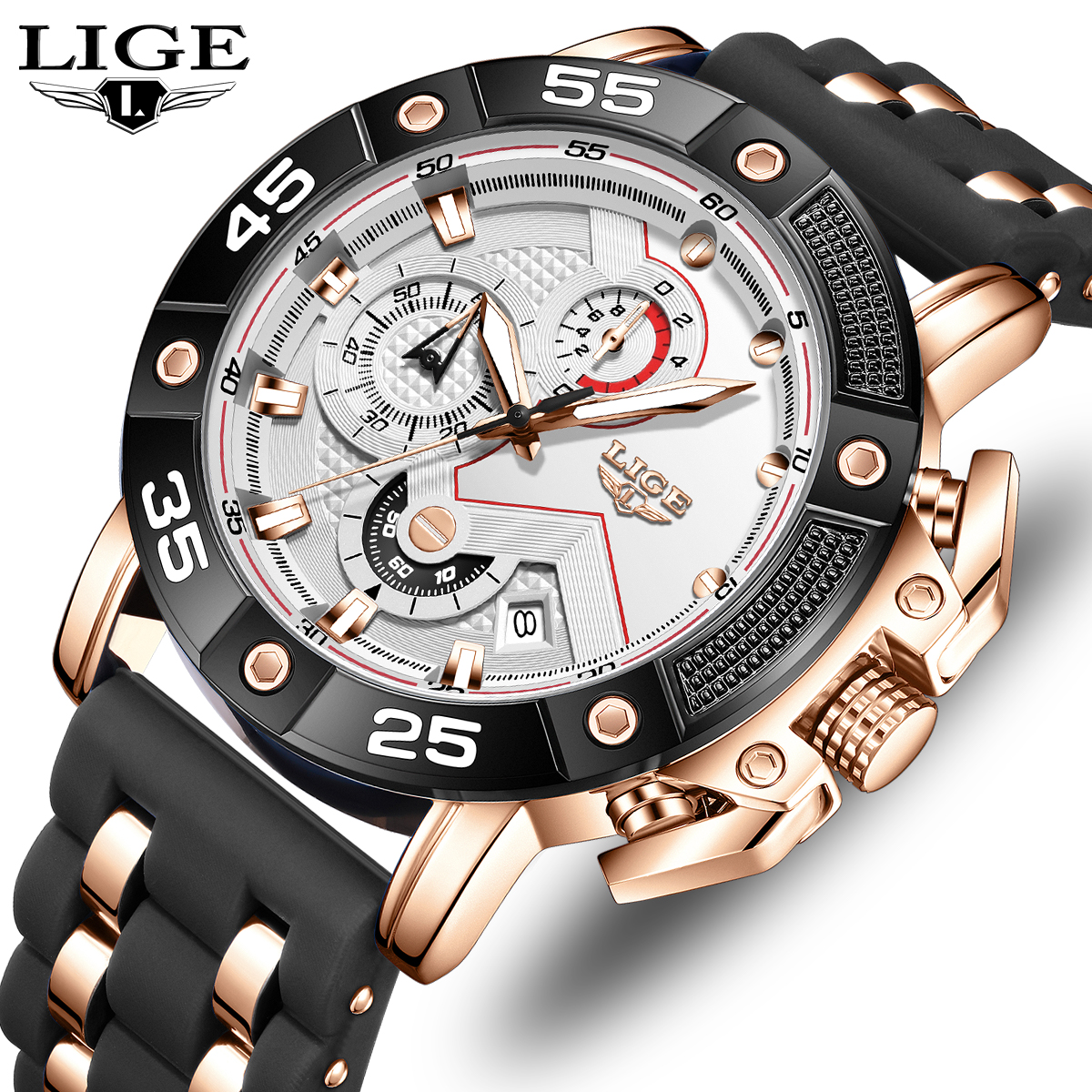 LIGE Men's Watch Fashion Sports Watch (Chronograph/Waterproof/Lightning/Calendar) Silicone Strap Quartz Watch Men's Watch Birthday Gifts