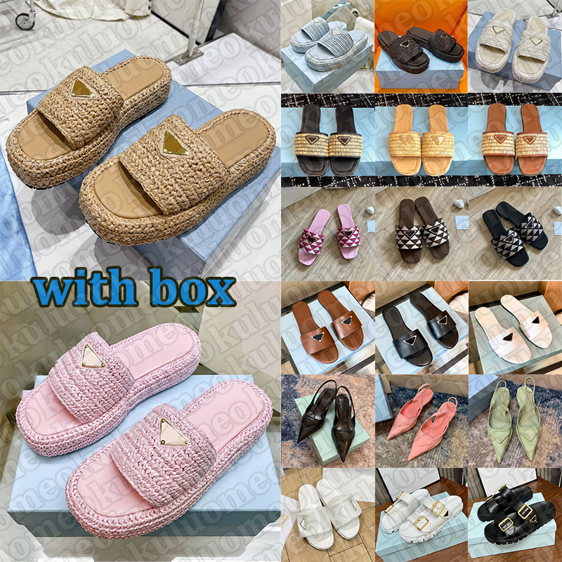 with box designer sandals women famous slippers summer outdoor beach slides womens comfortable mules platform woven fabric sandal black sand slipper