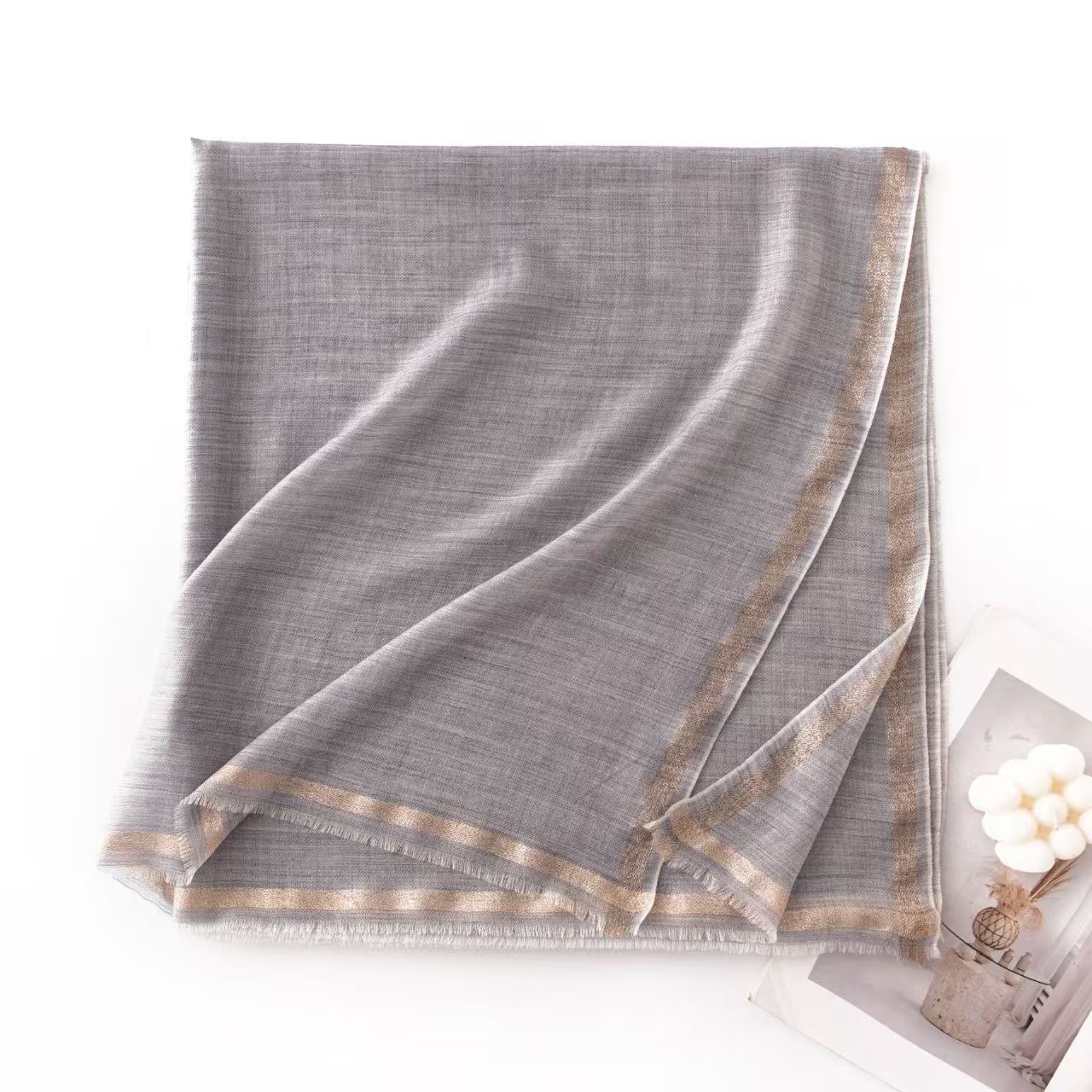 T1268 wool scarf simple style gold silk border jacquard gradient scarf medium and long plaid shawl outer wear thin