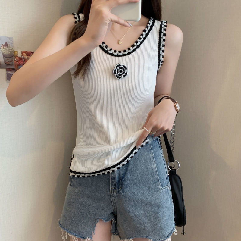 Rose Short Camisole Sweater Women Fashions Knitted Top White Flower Tops Tanks 250718