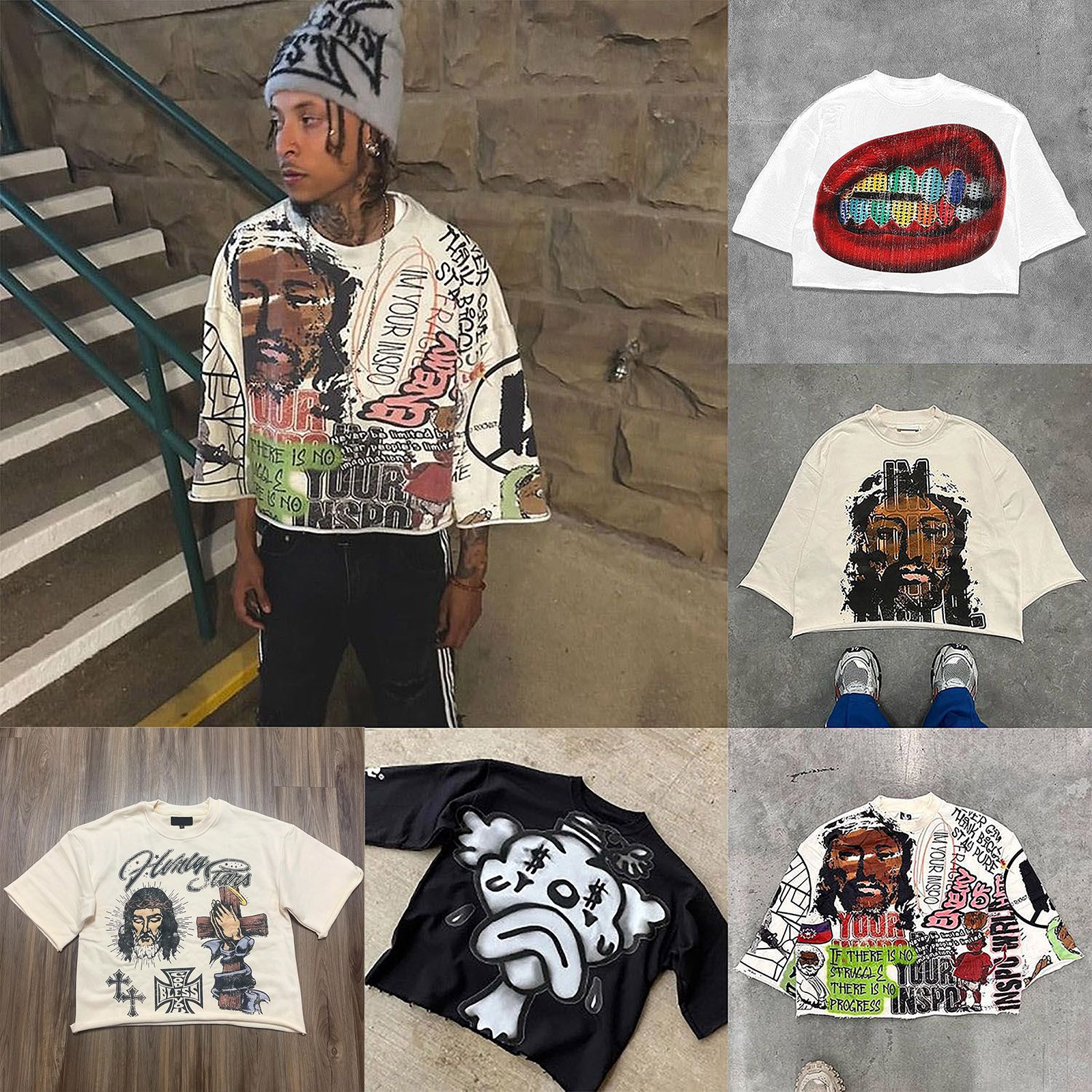 Men's T Shirts Shirts Mid Long Sleeve Mens Womens Punk Hip Hop Graffiti Style Graphic Tee Oversized Harajuku Loose Short Sleeved