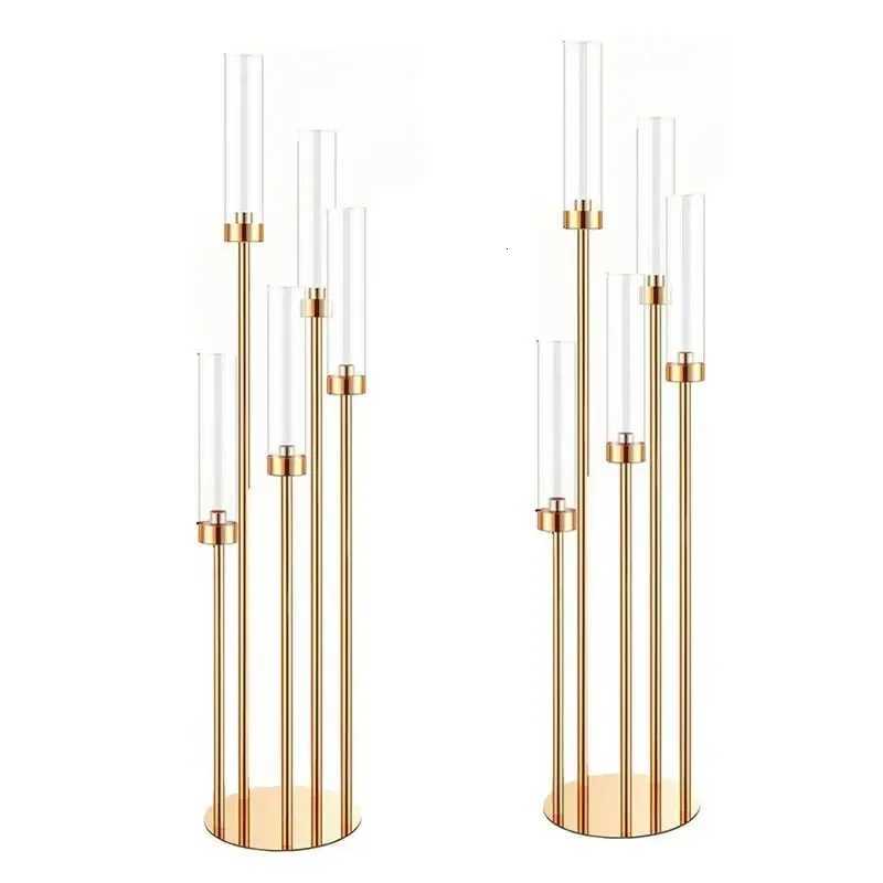 10pcs 5/8 Heads Metal Candelabra Candle Holders Road Lead Table Centerpiece Gold Candelabrum Stand Pillar Candlestick for Wedding W250721 XJ260305