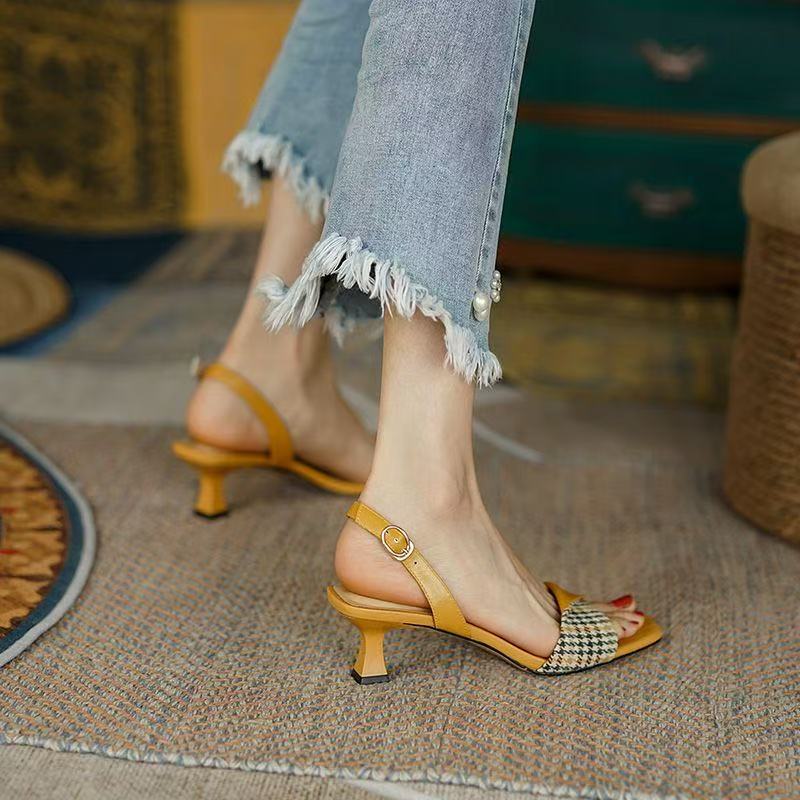 cow Women's leather fabric narrow band buckle thin high heel slip-on open toe sandals elegant ladies daily dress heeled shoes cb67 ed