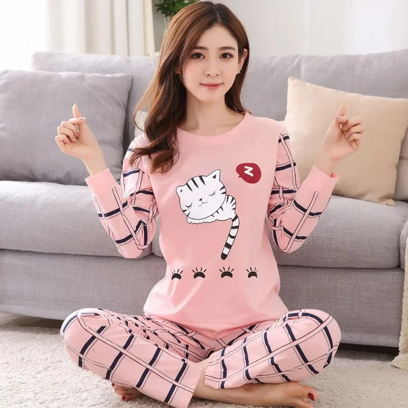 Autumn Thin 2pieces Pyjamas Set Women 2025 Round Neck Girls Bear Pajamas Sets Teacup Cat Full Sleepwear Tops lovers Pajama Mujer 250717