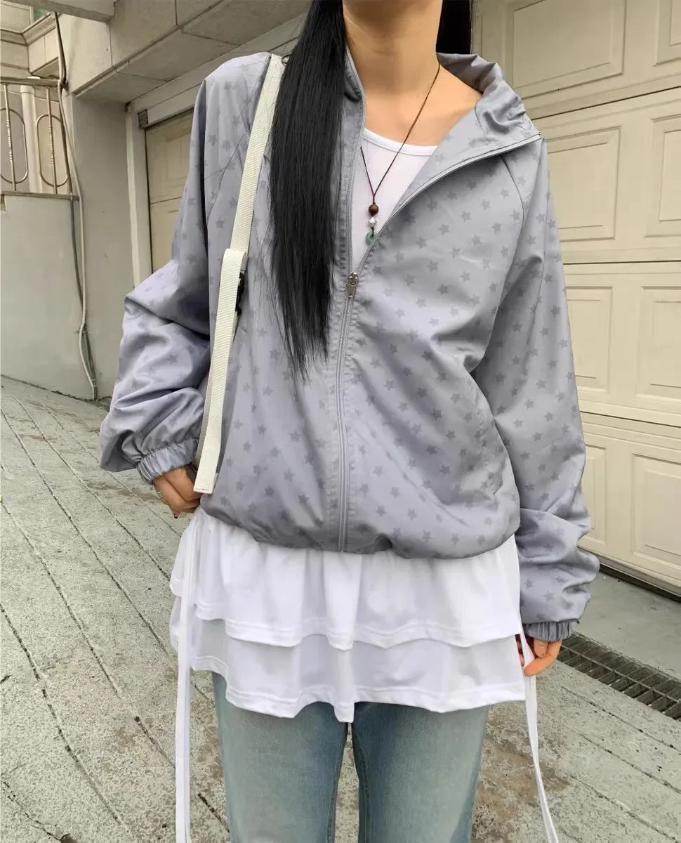 Korean style Fashion Retro Street Windproof Zipper Oversized Hoodie Womens Y2K Harajuku Star Casual Joker Couple Sweatshirt 250715