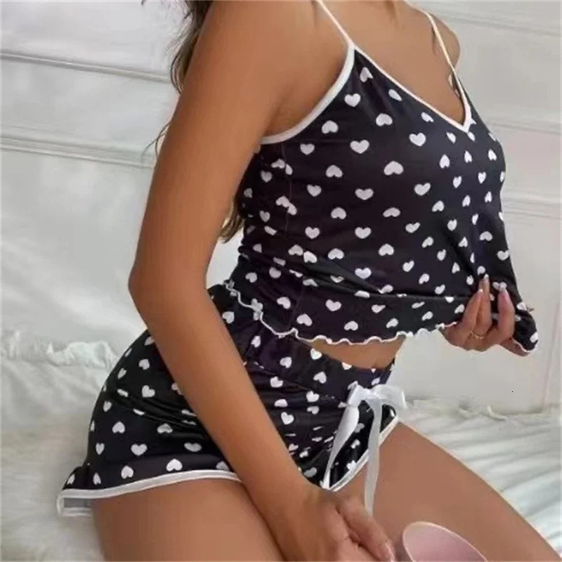 2024 Summer Pajama Set Large Size Vest Shorts Suspenders Soft Casual Cute Printed Women pajamas set 250717