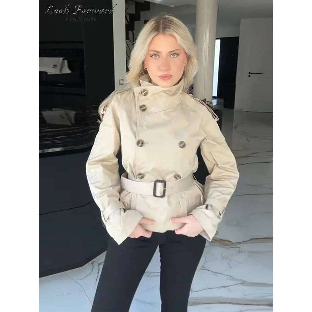 hoodie Khaki Trench Coat Women Double Breasted Jacket Woman Stand Collar Full Sleeve Pocket Spring Autumn Casual Loose Outerwears Lady jacket