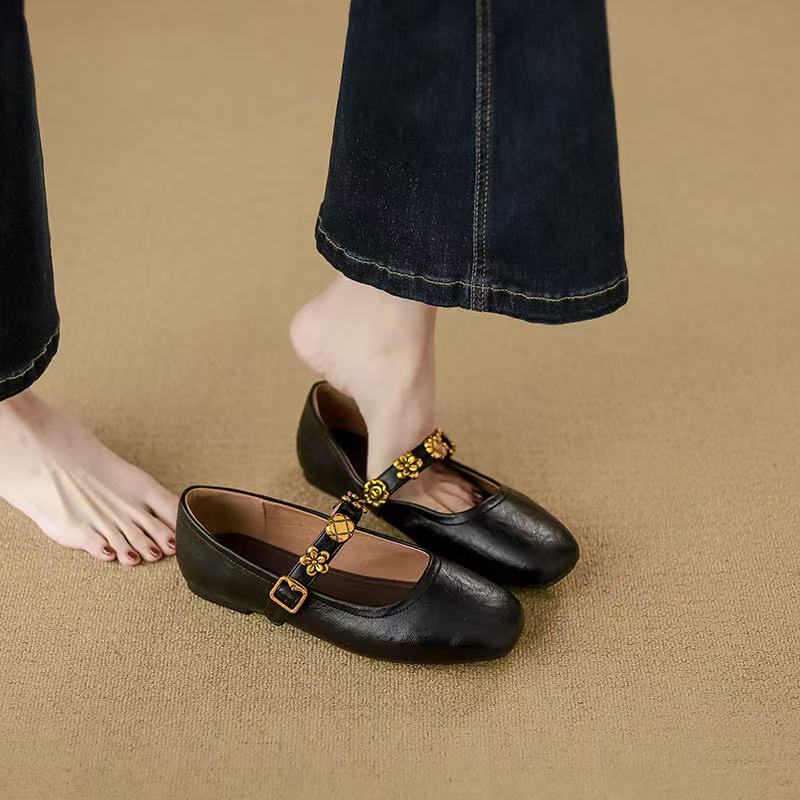 Autumn Women Round Toe Mary Jane Fashion Rivet Ladies Elegant Dress Shoes Soft Flat Heel Ballerinas Sh 241014