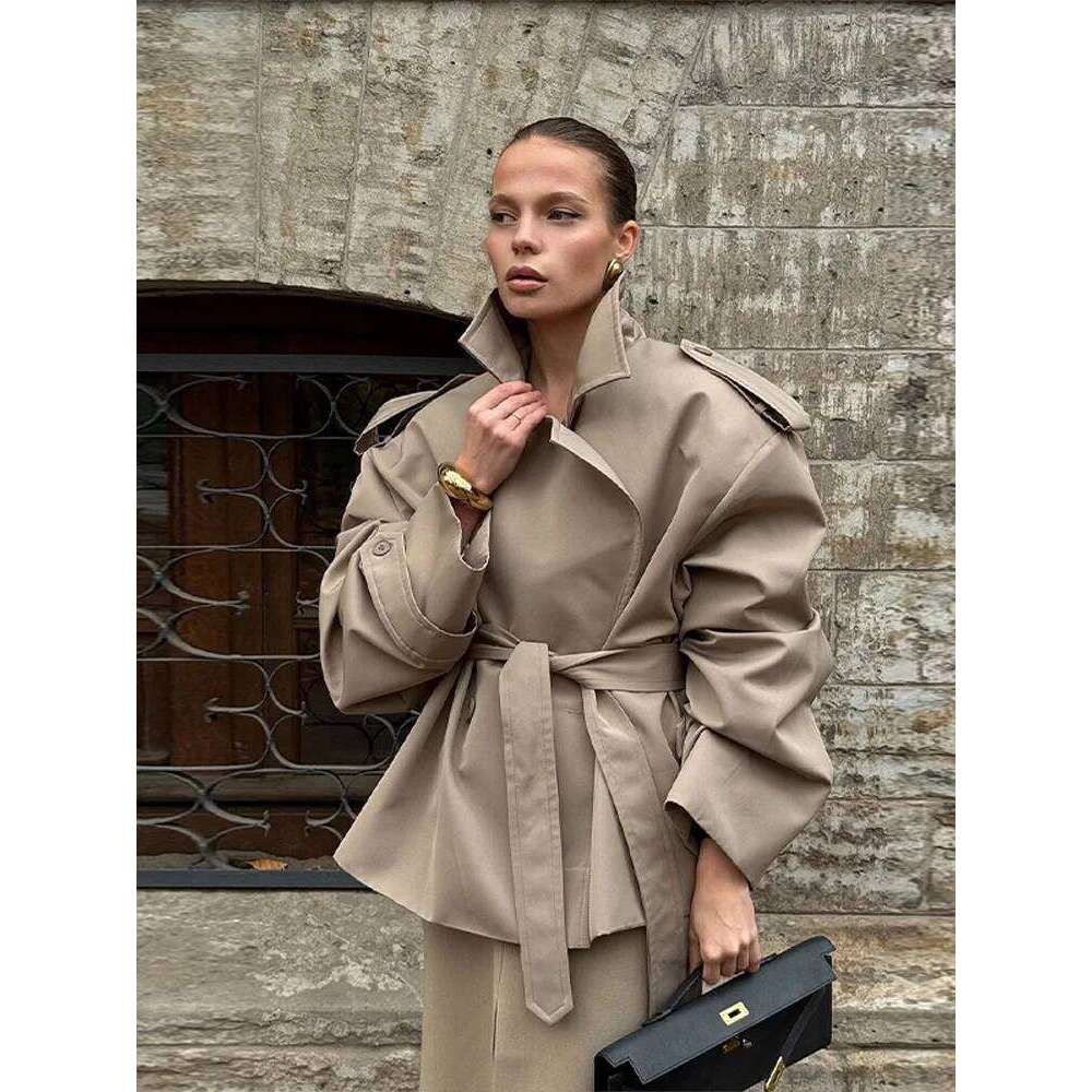 hoodie Casual Loose Jackets Women Lapel Long Sleeves Belt Double Breasted Short Windbreaker Spring Fashion Chic Streetwears Lady jacket