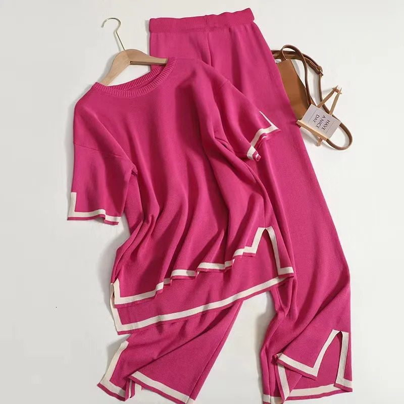 Women Two Piece Set Knit Sweater Suit Short Sleeve Round Neck Tops Loose Wide Leg Pants Solid Splice Midi Waist Casual 250714