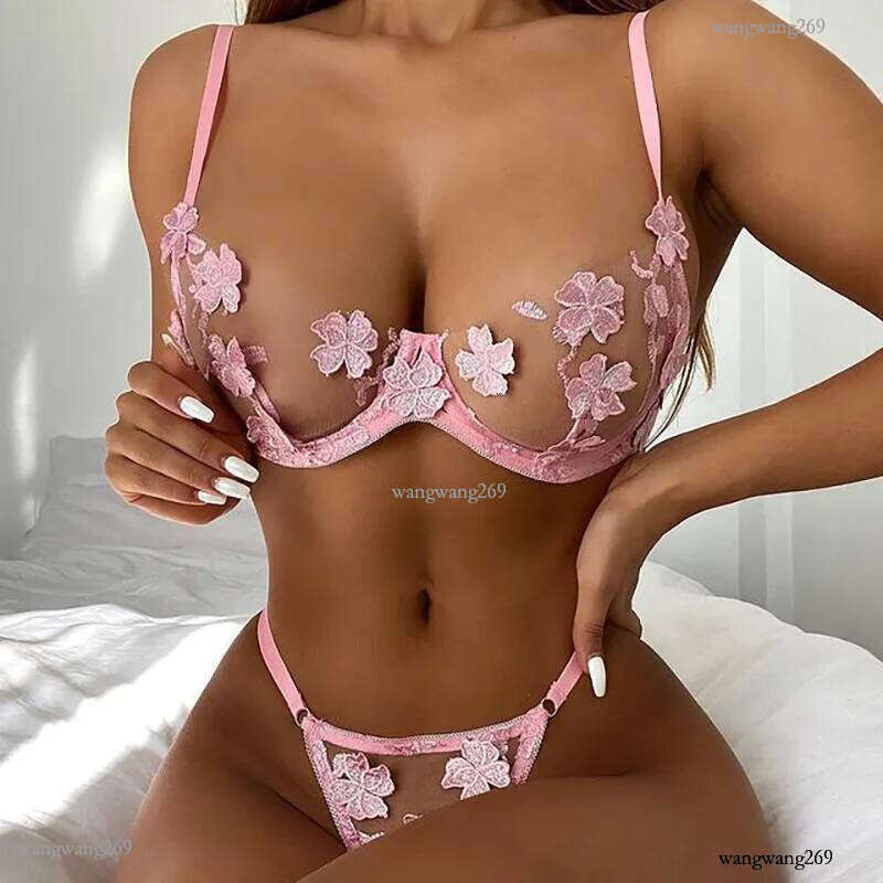 Women's Pajamas Lingerie Sexy Erotic Costumes Lace Tube Top Porn Embroidered Floral See-through Mesh Underwear Set Exotic Sets X0526
