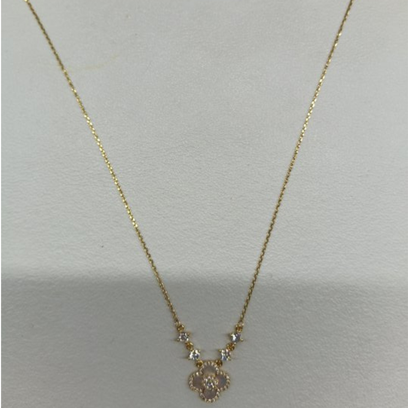 Rose Gold - Tone Clover - Shaped Necklace With Pink Shell And Diamond Accents Elegant Party Jewelry And Gift For Her High Quality And Romantic Jewelry