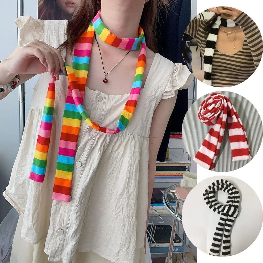 Fashion Y2K Knitted Long Thin Strip Scarf Girl Striped Skinny Slim Narrow Ribbon Scarves Women All-match Clothing Accessories 250717