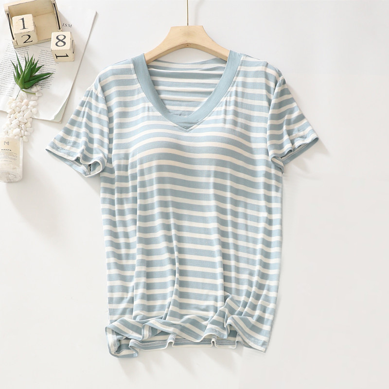 B981-Modal pajamas with chest pads for women summer striped short-sleeved home clothes comfortable loose large size T-shirt tops Korean