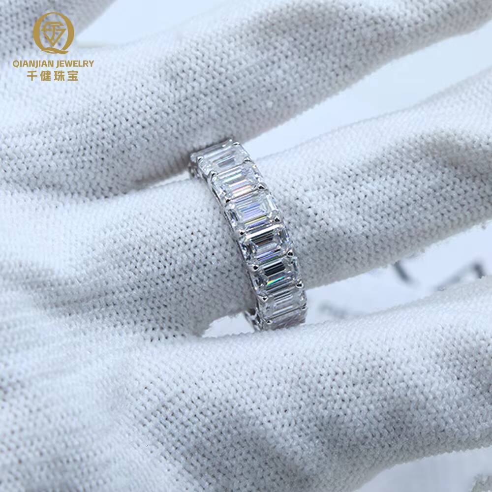 High Quality RTS Prong Setting 925 Silver Moissanite Ring White DEF VVS Emerald Shape Moissanite Rings Hip Hop Style