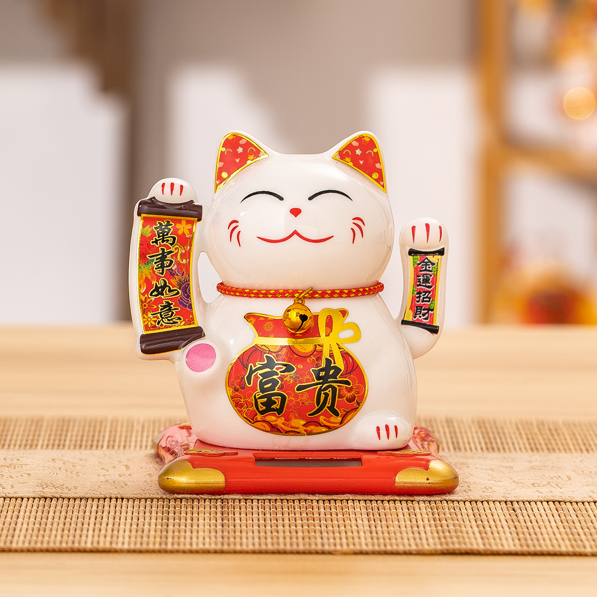 Energy-Efficient Animated Hand-Shaking Ceramic Kitty Figurine Using Photovoltaic Cells Unique Pet Theme Ornamental Design for Vehicles and Indoor Spac
