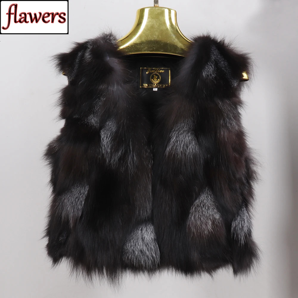 Winter Women Silver Fox Fur Vest Short Style Warm 100% Natural Silver Fox Fur Gilet Silver Fox Fur Sleeveless Jacket 250717
