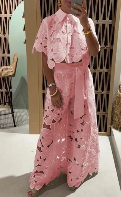 Women Lace Outfit Embroidery Retro Hollow Temperament Suit Elegant Button Short Sleeved Blouse Tops Tie-up Pants Set 2Pcs 250714