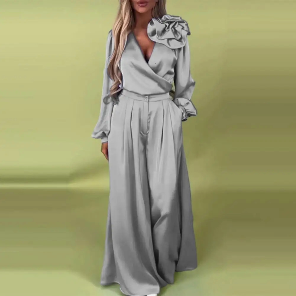 2 Pcs/Set Women Top Pants Suit 3D Flower Decor Satin V Neck Long Sleeve Blouse High Waist Wide Leg Loose Trousers With Pockets 250714